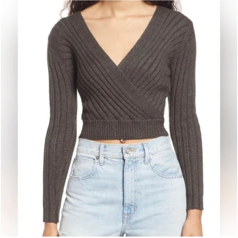 CALI BE Ribbed Wrap Front Sweater in Dark Charcoal